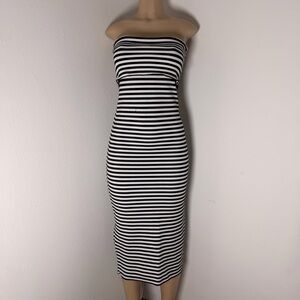 ZARA Black & White Striped Strapless Midi Dress | Bodycon Tube | Minimal Chic
